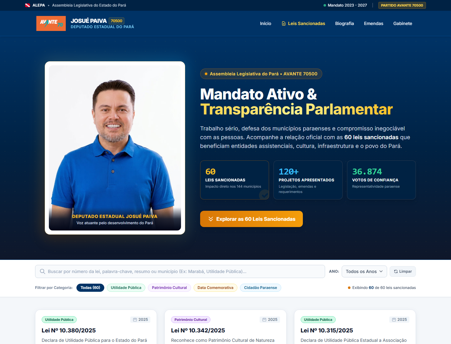 Screenshot do projeto Deputado Estadual Josué Paiva